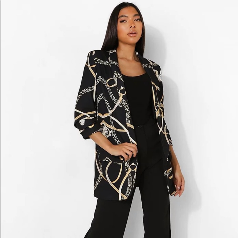 Boohoo ruched sleeve open front blazer